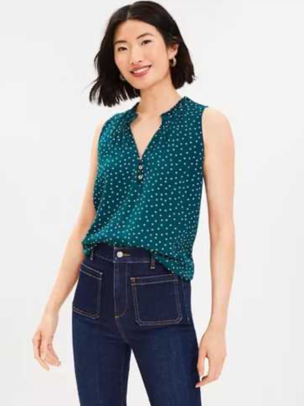 LOFT Green/White Polka Dot Sleeveless Blouse, Size Large